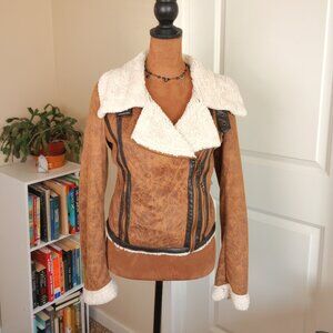 Y2K Faux Shearling Aviator Jacket – Brown Leather Look Moto Biker Style